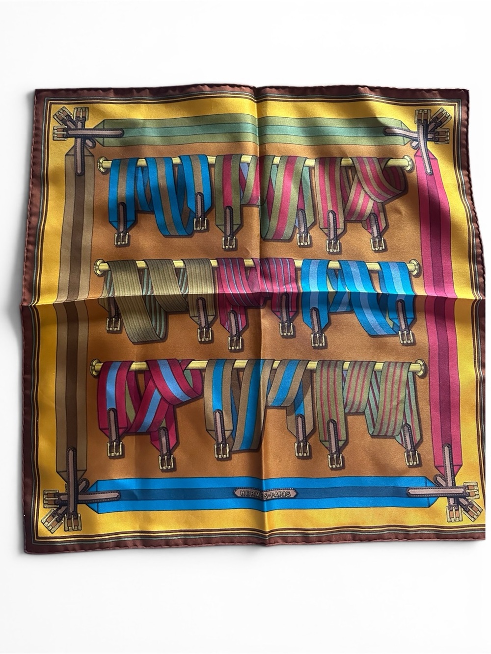 Hermes Brown Multicolor Silk Scarf with Blue and Pink Accents